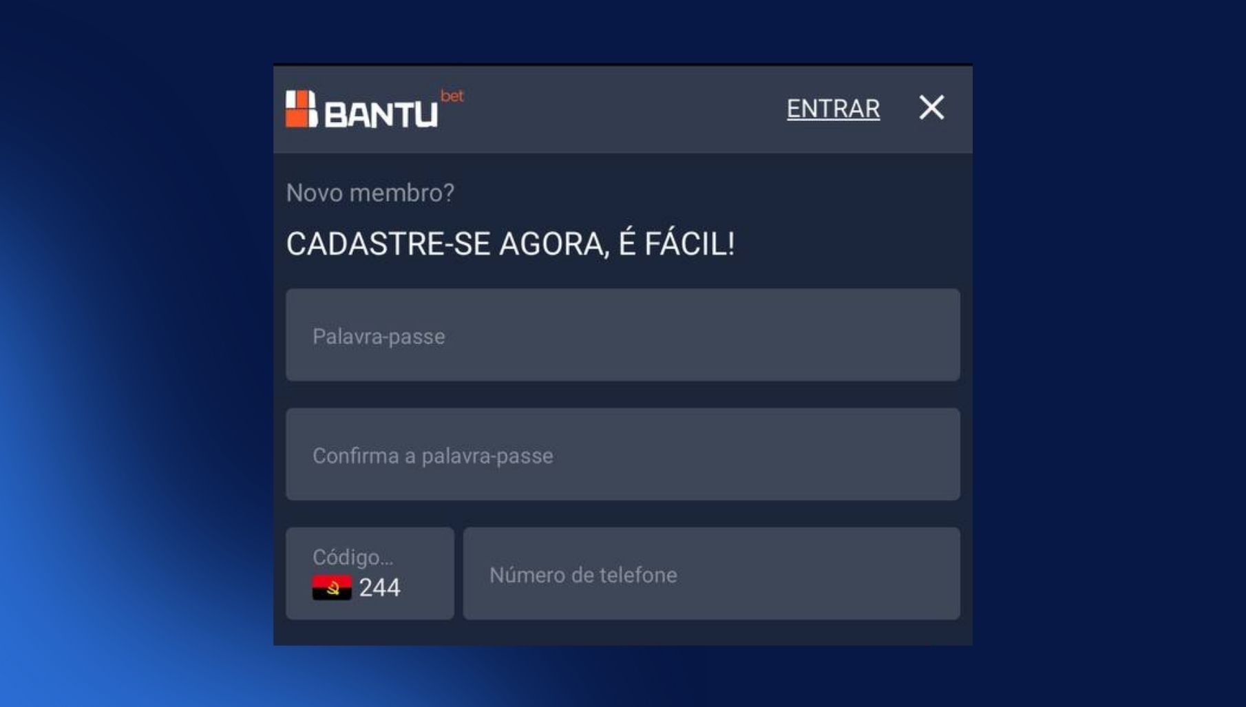 Remplissez les champs du formulaire d'inscription Bantubet Angola
